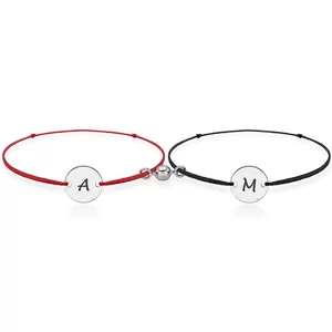 Bratari magnetice de cuplu din Argint, snur si banuti, personalizate initiale (10 mm)