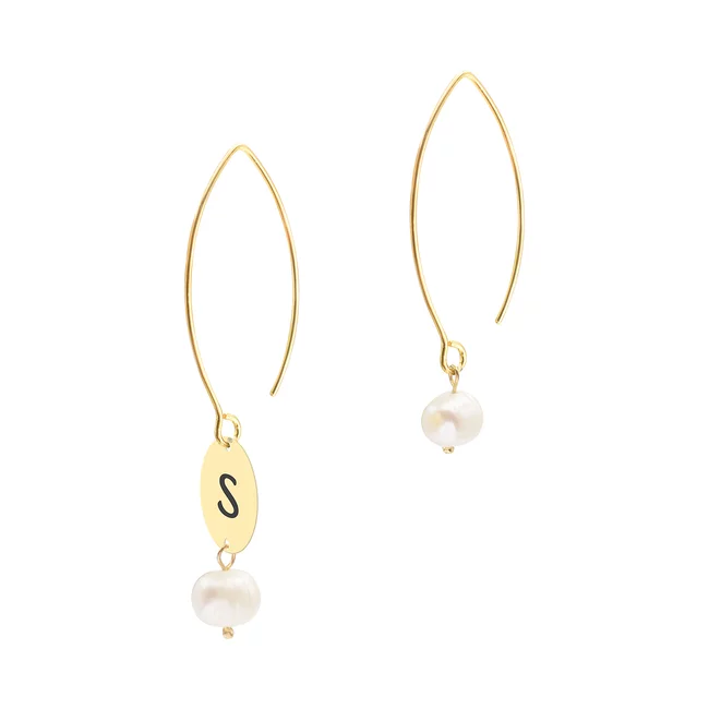 Cercei lungi Argint 925 Premium dama - perle de cultura si banut personalizat cu initiala (10 mm)