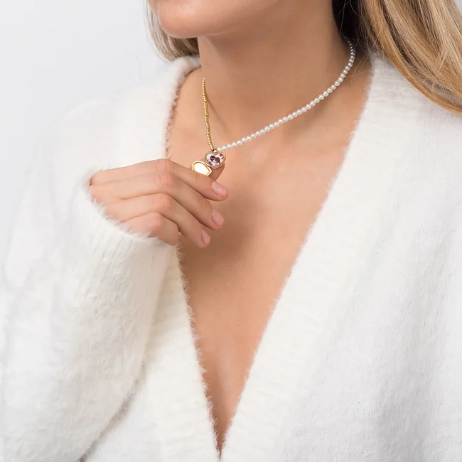 Colier Argint dama, mix perle scoica si bilute, medalion inima personalizat cu poza si text (15 mm)