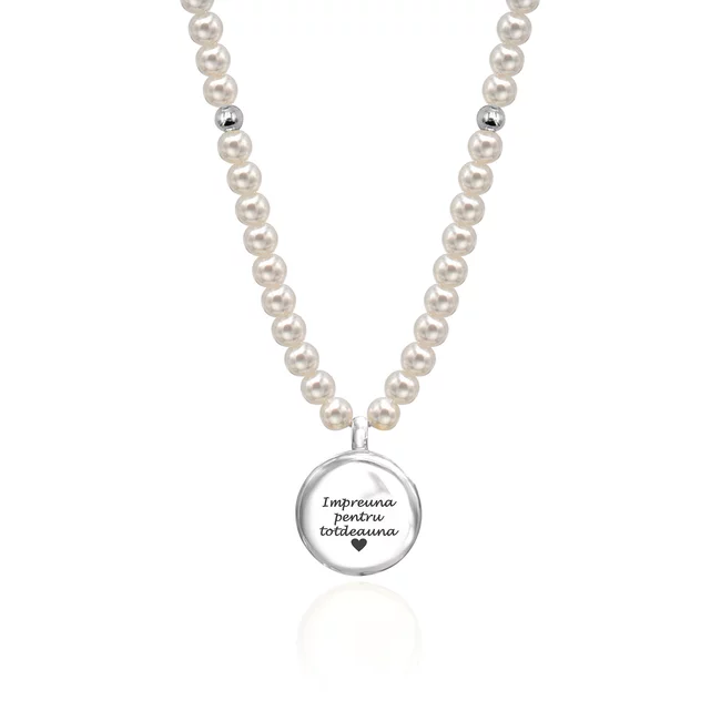 Colier Argint dama, perle scoica si bilute, medalion cu poza si text (15 mm)