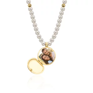 Colier Argint dama, perle scoica si bilute, medalion cu poza si text (15 mm)