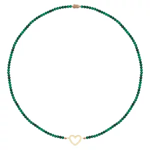 Colier Aur 14K Premium dama, reglabil - snur, malachit si inima (14 mm)
