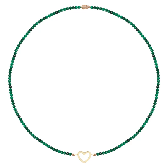 Colier Aur 14K Premium dama, reglabil - snur, malachit si inima (14 mm)