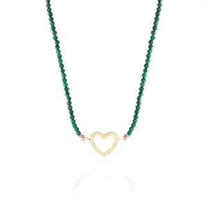 Colier Aur 14K Premium dama, reglabil - snur, malachit si inima (14 mm)