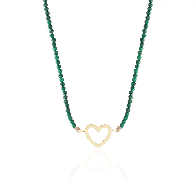 Colier Aur 14K Premium dama, reglabil - snur, malachit si inima (14 mm)