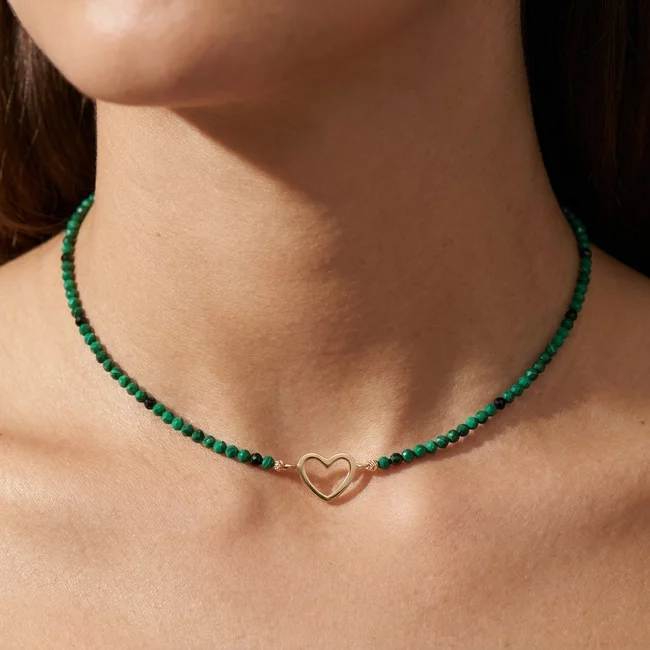 Colier Aur 14K Premium dama, reglabil - snur, malachit si inima (14 mm)