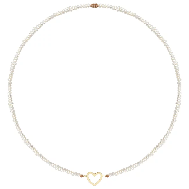 Colier Aur 14K Premium dama, reglabil - snur, perle de cultura si inima (14 mm)