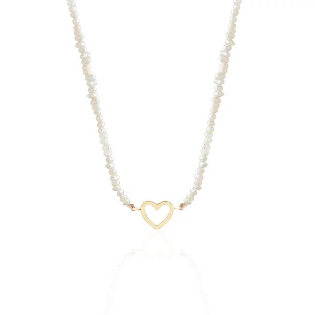 Colier Aur 14K Premium dama, reglabil - snur, perle de cultura si inima (14 mm)