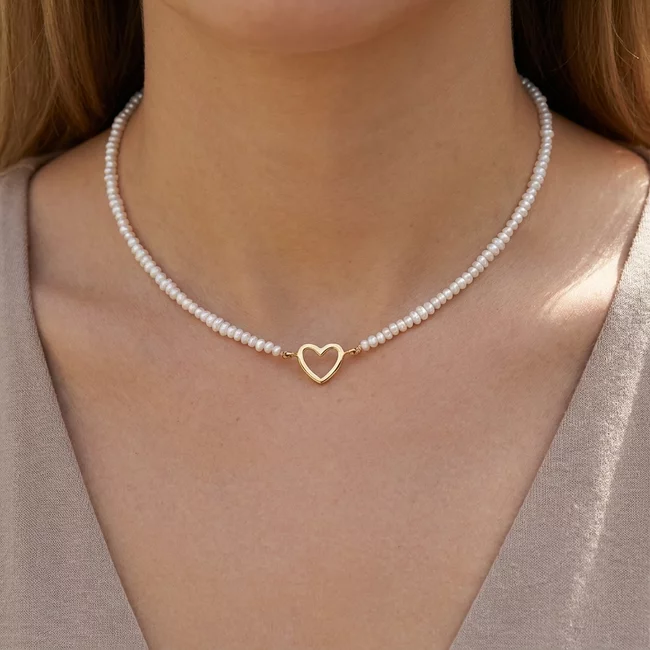 Colier Aur 14K Premium dama, reglabil - snur, perle de cultura si inima (14 mm)
