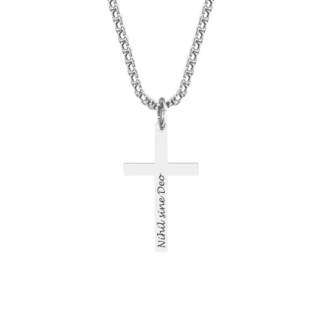 Colier cruce si lant masiv, Inox Premium hipoalergic, gravura text ( 42mm)