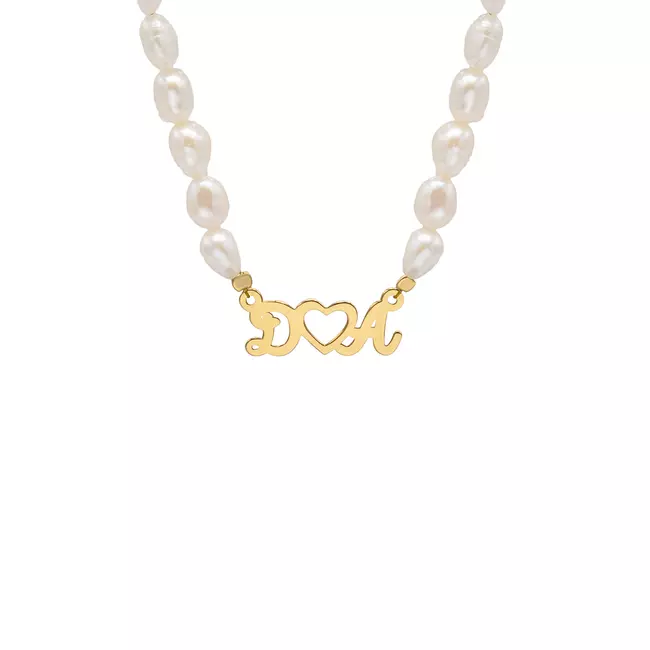 Colier cu perle, decupaj initiale si simbol inima Argint