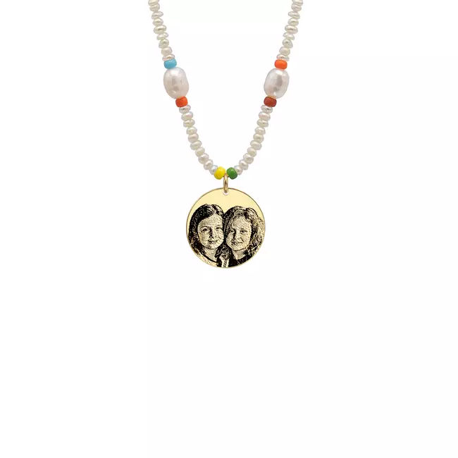 Colier cu perle, discuri colorate si banut Argint, personalizat cu poza (14.5 mm)
