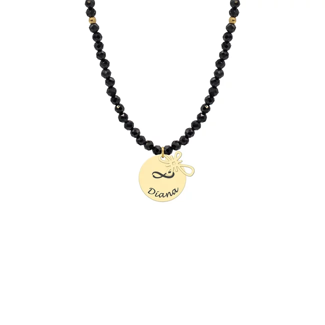 Colier cu pietre negre Spinel, bilute, cruce si banur Aur, personalizat (10 & 12 mm)