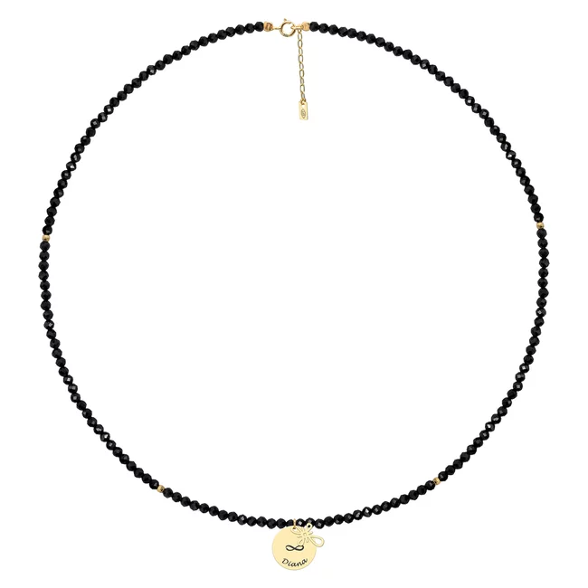 Colier cu pietre negre Spinel, bilute, cruce si banur Aur, personalizat (10 & 12 mm)