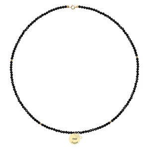 Colier cu pietre negre Spinel, bilute, cruce si banur Aur, personalizat (10 & 12 mm)