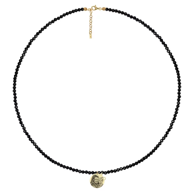 Colier cu pietre negre Spinel, bilute, cruce si banur Aur, personalizat cu poza (10 & 12 mm)