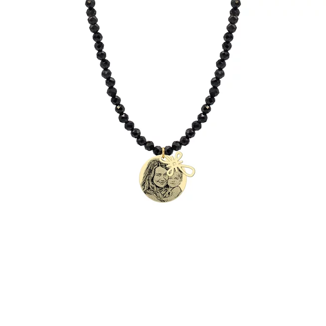 Colier cu pietre negre Spinel, bilute, cruce si banur Aur, personalizat cu poza (10 & 12 mm)