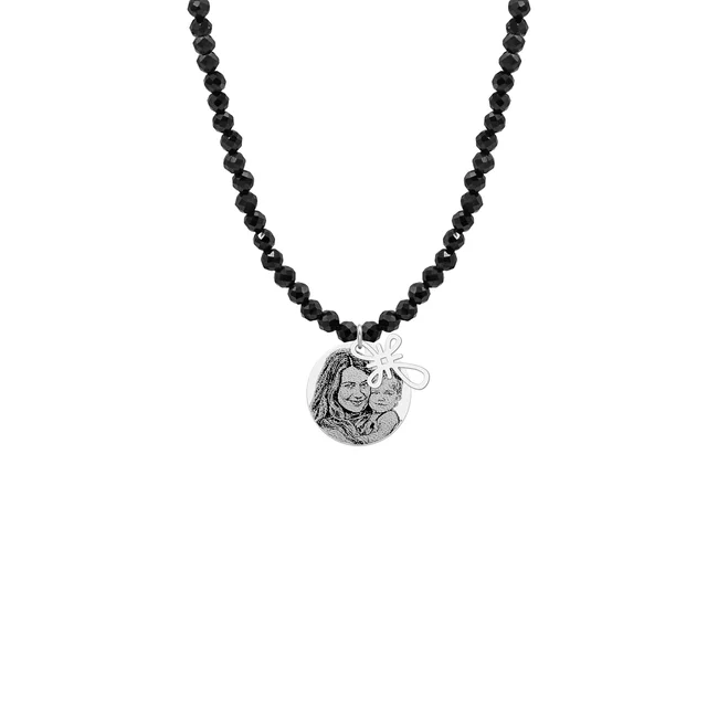 Colier cu pietre negre Spinel, cruce (10 mm) si banut Argint, personalizat cu poza (14 mm)