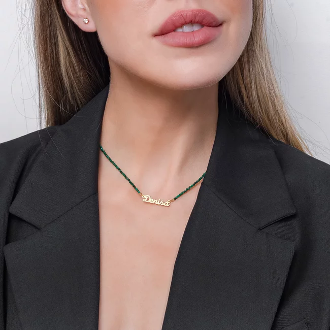 Colier damă, Argint 925 Premium, nume decupat și malachit