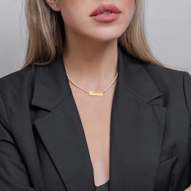 Colier damă, Argint 925 Premium, nume decupat și perle de cultura