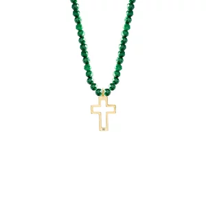 Colier damă, Aur 14K Premium - Cruce decupată si malachit 12mm