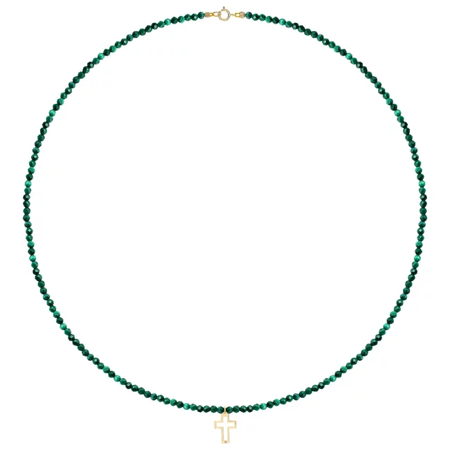 Colier damă, Aur 14K Premium - Cruce decupată si malachit 12mm