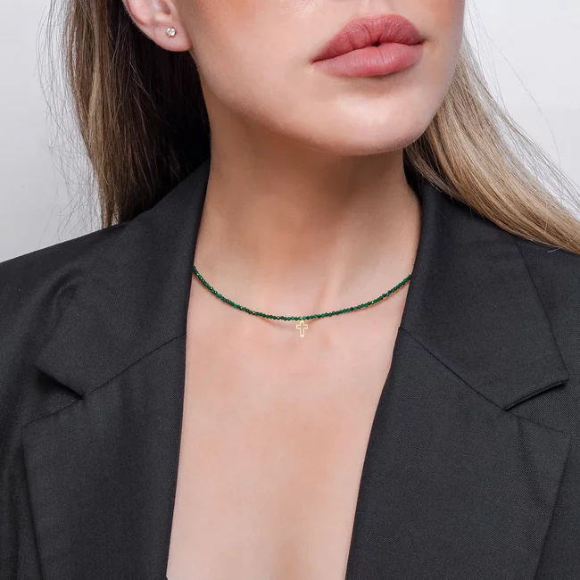 Colier damă, Aur 14K Premium - Cruce decupată si malachit 12mm