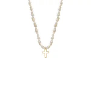 Colier damă, Aur 14K Premium - Cruce decupată si perle de cultură 12mm
