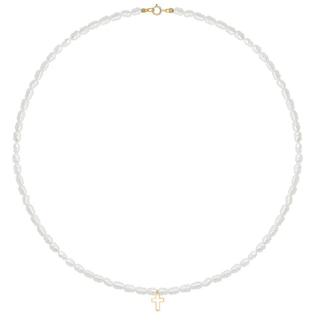 Colier damă, Aur 14K Premium - Cruce decupată si perle de cultură 12mm