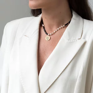 Colier Argint dama, mix perle, discuri onix, bilute si banut, personalizat (18 mm)