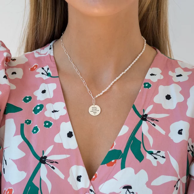 Colier perle, lantisor Hardwear si banut Argint, personalizat (17 mm)