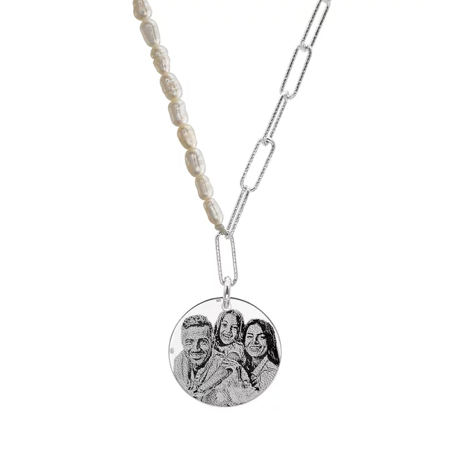Colier perle, lantisor Hardwear si banut Argint, personalizat cu poza (17 mm)