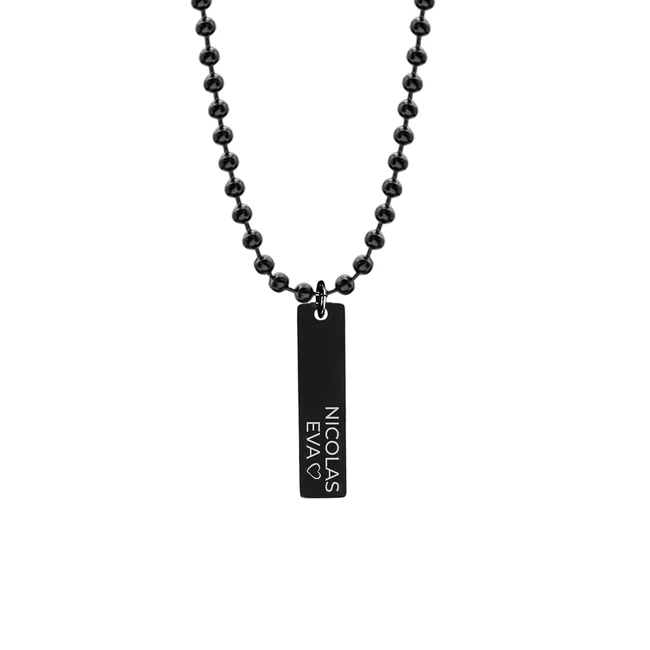 Colier placuta si lant, Inox Premium hipoalergic, gravura text, finisaj obsidian ( 41mm)