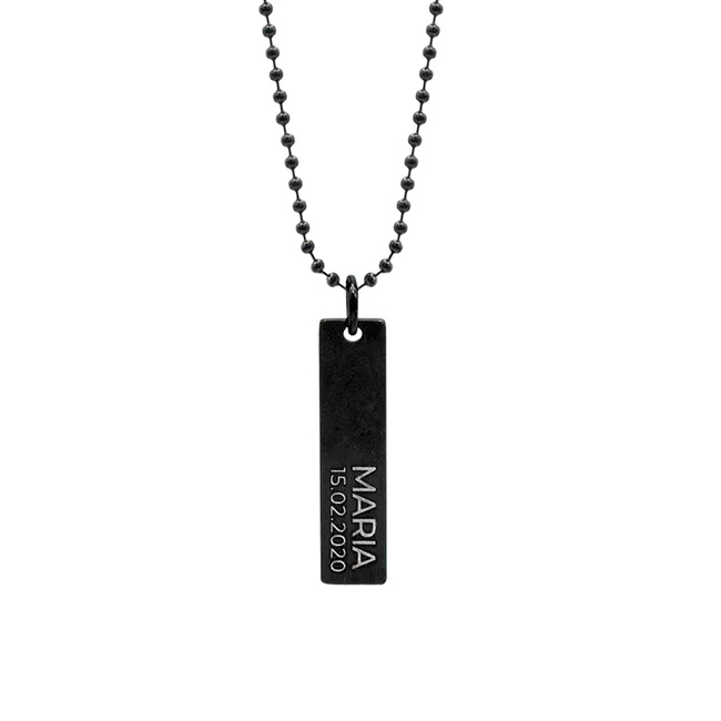 Colier placuta si lant, Inox Premium hipoalergic, gravura text, finisaj obsidian ( 41mm)