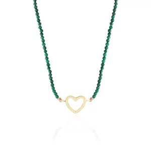 Colier reglabil Aur 14K Premium dama - snur, malachit si inima (14 mm)