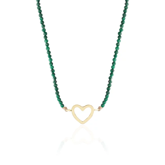 Colier reglabil Aur 14K Premium dama - snur, malachit si inima (14 mm)