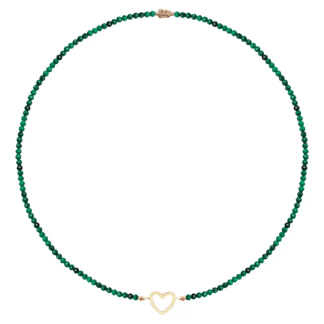 Colier reglabil Aur 14K Premium dama - snur, malachit si inima (14 mm)