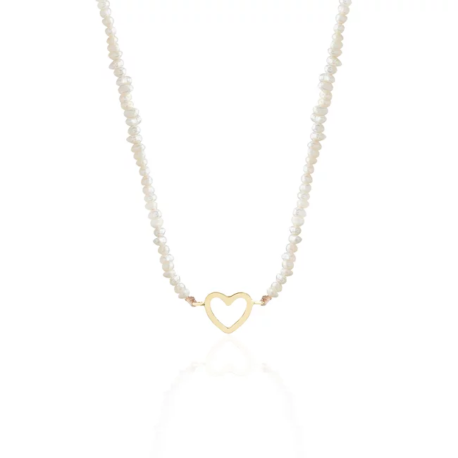 Colier reglabil Aur 14K Premium dama - snur, perle de cultura si inima (14 mm)