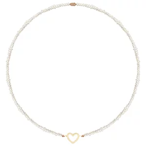 Colier reglabil Aur 14K Premium dama - snur, perle de cultura si inima (14 mm)