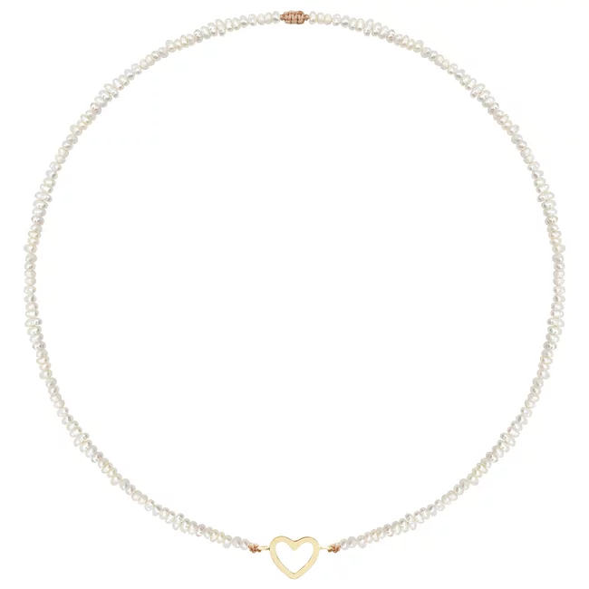 Colier reglabil Aur 14K Premium dama - snur, perle de cultura si inima (14 mm)