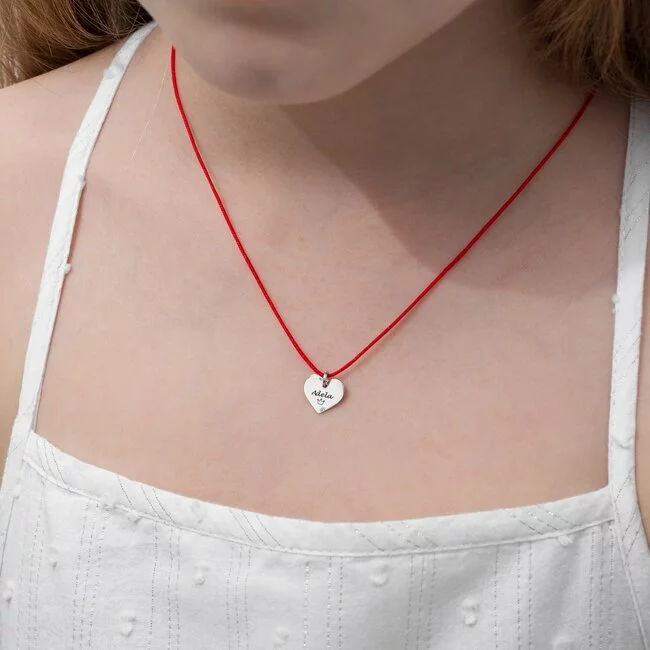 Colier snur rosu inima Aur 14K pentru fetite si adolescente (11 mm)