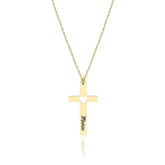 Lantisor Argint 925 Premium dama - cruce cu inima decupata si personalizata cu text (27 mm)