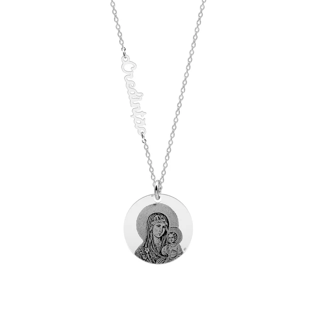 Lantisor Argint dama, banut Maica Domnului si decupaj Credinta, personalizat (17 mm)