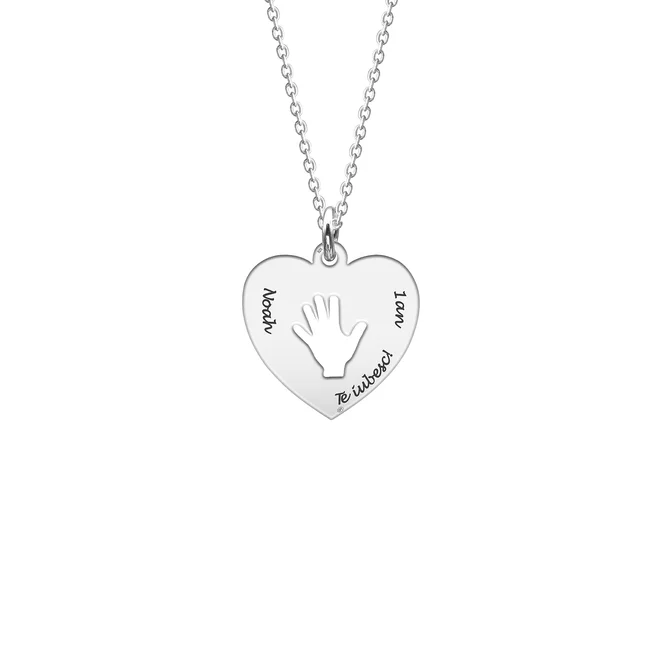 Lantisor Argint dama, inima cu mana decupata, personalizat (15 mm)