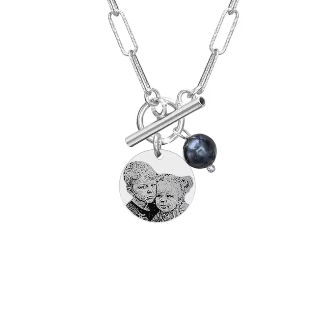 Lantisor Argint dama, lant hardwear cu perla neagra si banut, personalizat cu poza (14.5 mm)