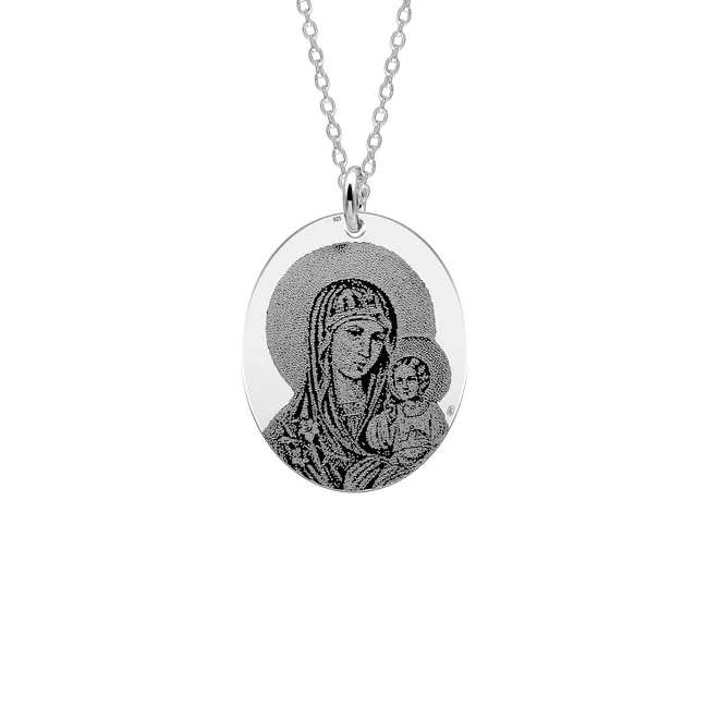 Lantisor Argint dama, oval Maica Domnului, personalizat (21 mm)