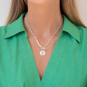 Lantisor Hardwear cu perle si banut Argint, personalizat (22 mm)