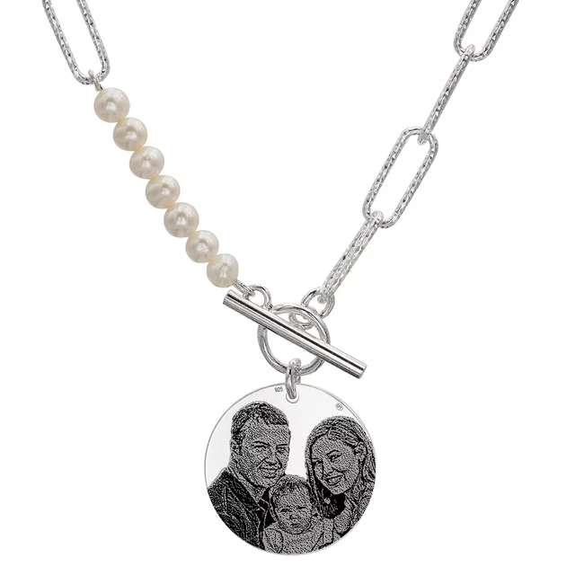 Lantisor Hardwear cu perle si banut Argint, personalizat cu poza (22 mm)