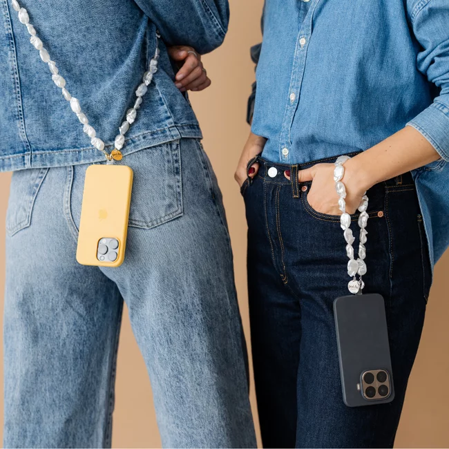 Perla9 Lant telefon / Colier / Curea THE CHUNKY accesoriu multifunctional din perle sintetice - placat cu argint