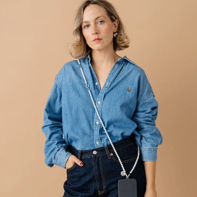 Perla9 Lant telefon / Colier / Curea THE CLASSY accesoriu multifunctional din perle scoica - placat cu aur galben